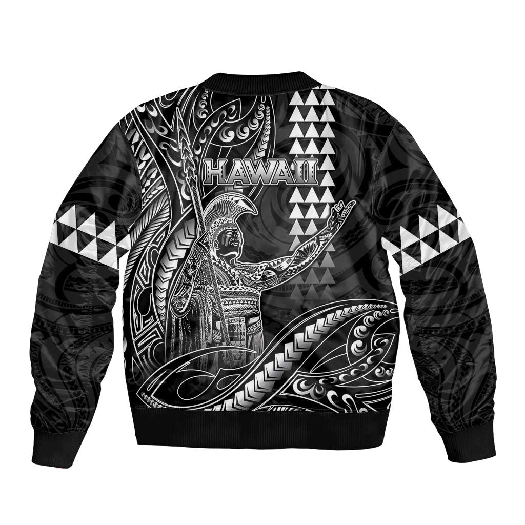Hawaii King Kamehameha The Great Sleeve Zip Bomber Jacket Black Tribal Tattoo