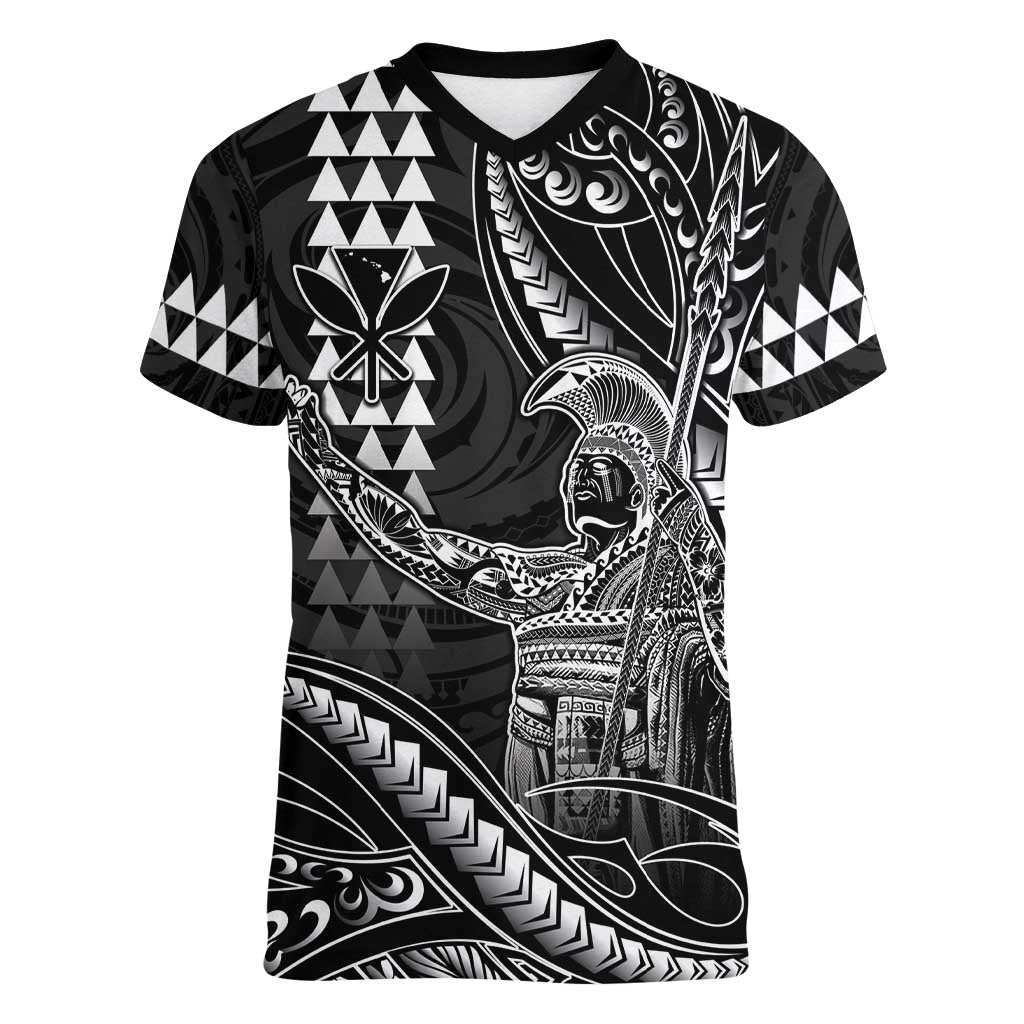 Hawaii King Kamehameha The Great Women V-Neck T-Shirt Black Tribal Tattoo
