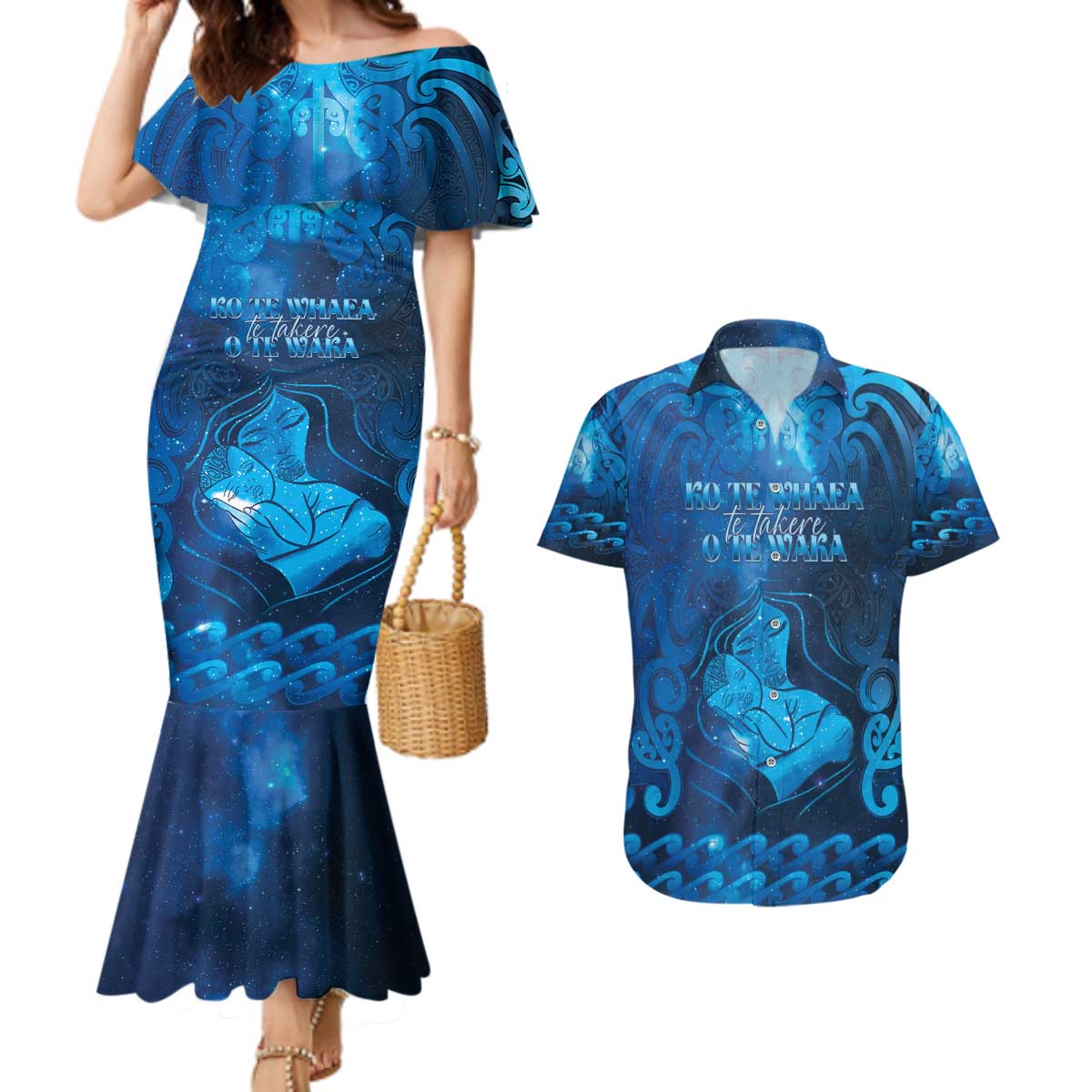 Personalised New Zealand Mother's Day Couples Matching Mermaid Dress and Hawaiian Shirt Ko Te Whaea Te Takere O Te Waka