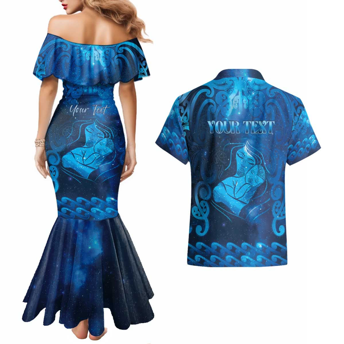 Personalised New Zealand Mother's Day Couples Matching Mermaid Dress and Hawaiian Shirt Ko Te Whaea Te Takere O Te Waka