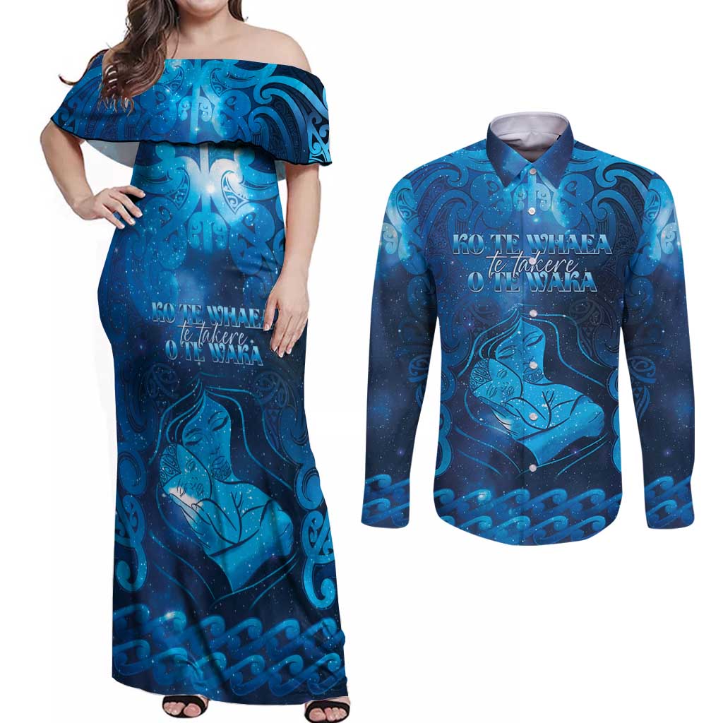 Personalised New Zealand Mother's Day Couples Matching Off Shoulder Maxi Dress and Long Sleeve Button Shirt Ko Te Whaea Te Takere O Te Waka