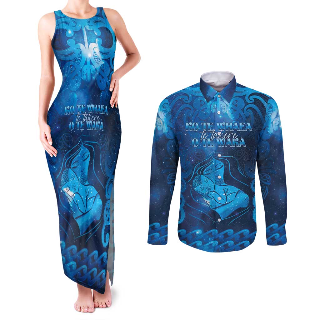 Personalised New Zealand Mother's Day Couples Matching Tank Maxi Dress and Long Sleeve Button Shirt Ko Te Whaea Te Takere O Te Waka