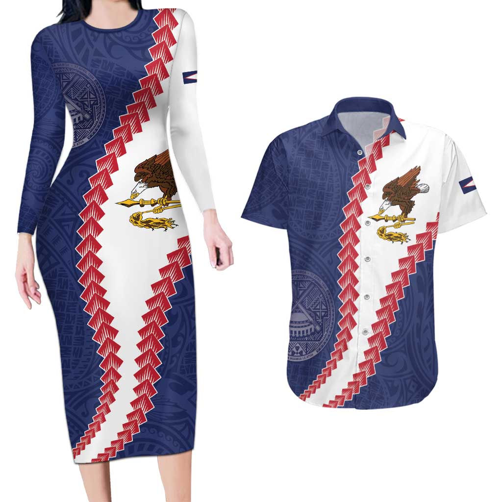 American Samoa Eagle Couples Matching Long Sleeve Bodycon Dress and Hawaiian Shirt Polynesian Tribal Pattern Curve Style