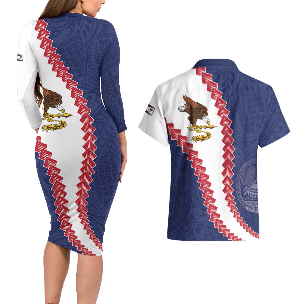 American Samoa Eagle Couples Matching Long Sleeve Bodycon Dress and Hawaiian Shirt Polynesian Tribal Pattern Curve Style