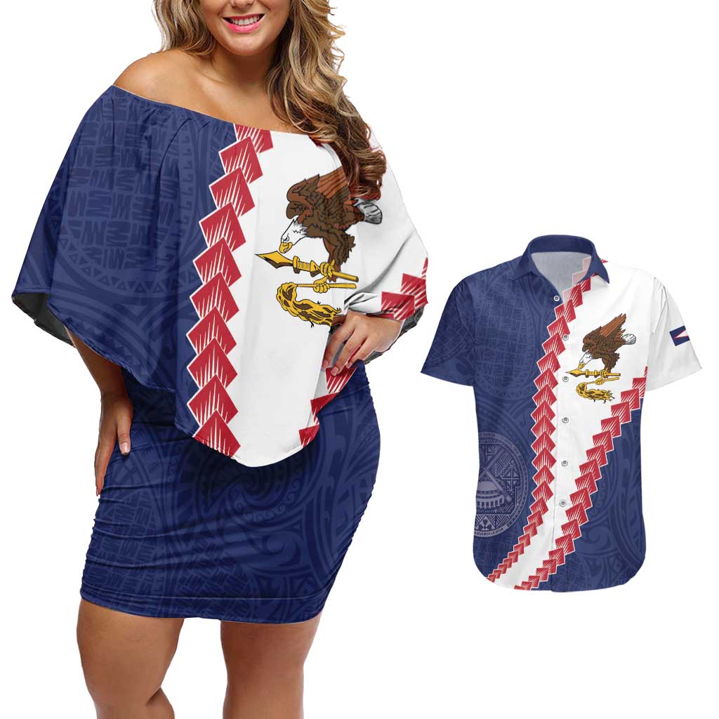 American Samoa Eagle Couples Matching Off Shoulder Short Dress and Hawaiian Shirt Polynesian Tribal Pattern Curve Style