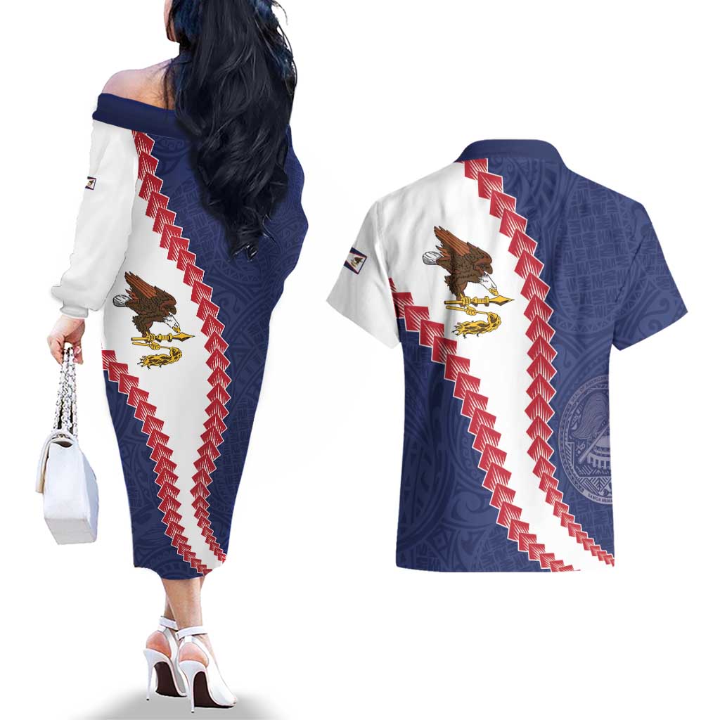 American Samoa Eagle Couples Matching Off The Shoulder Long Sleeve Dress and Hawaiian Shirt Polynesian Tribal Pattern Curve Style LT05 - Polynesian Pride
