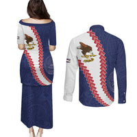 American Samoa Eagle Couples Matching Puletasi and Long Sleeve Button Shirt Polynesian Tribal Pattern Curve Style