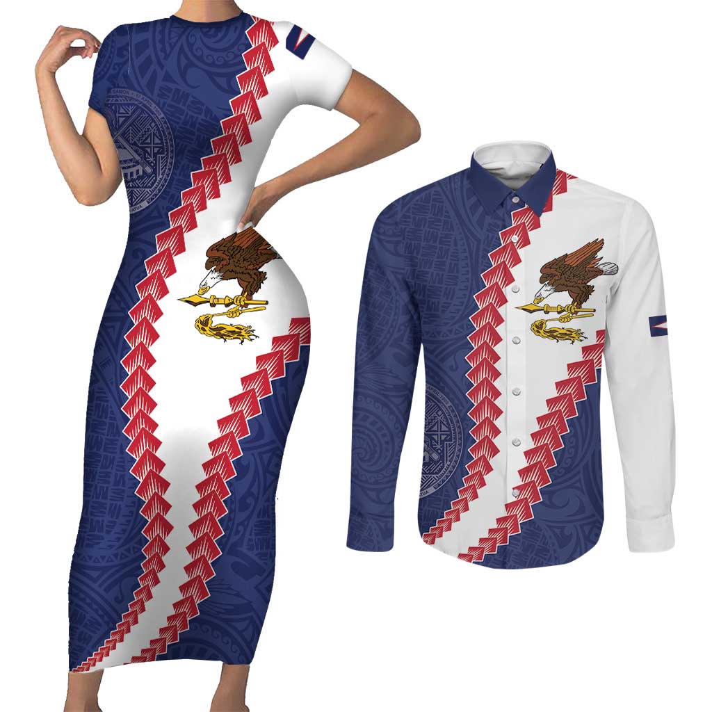 American Samoa Eagle Couples Matching Short Sleeve Bodycon Dress and Long Sleeve Button Shirt Polynesian Tribal Pattern Curve Style