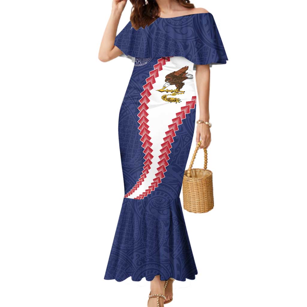 American Samoa Eagle Family Matching Mermaid Dress and Hawaiian Shirt Polynesian Tribal Pattern Curve Style LT05 Mom's Dress Blue - Polynesian Pride