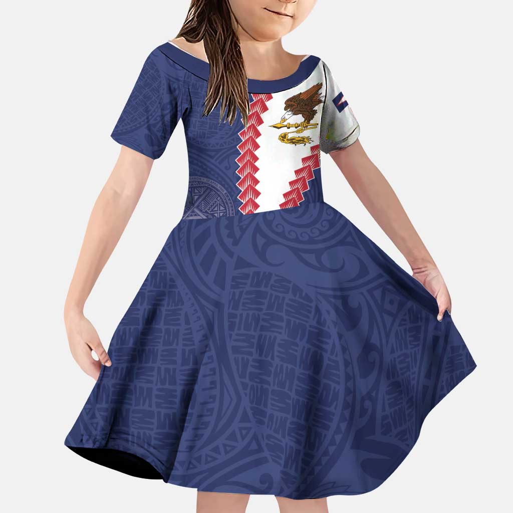 American Samoa Eagle Family Matching Tank Maxi Dress and Hawaiian Shirt Polynesian Tribal Pattern Curve Style LT05 Daughter's Dress Blue - Polynesian Pride