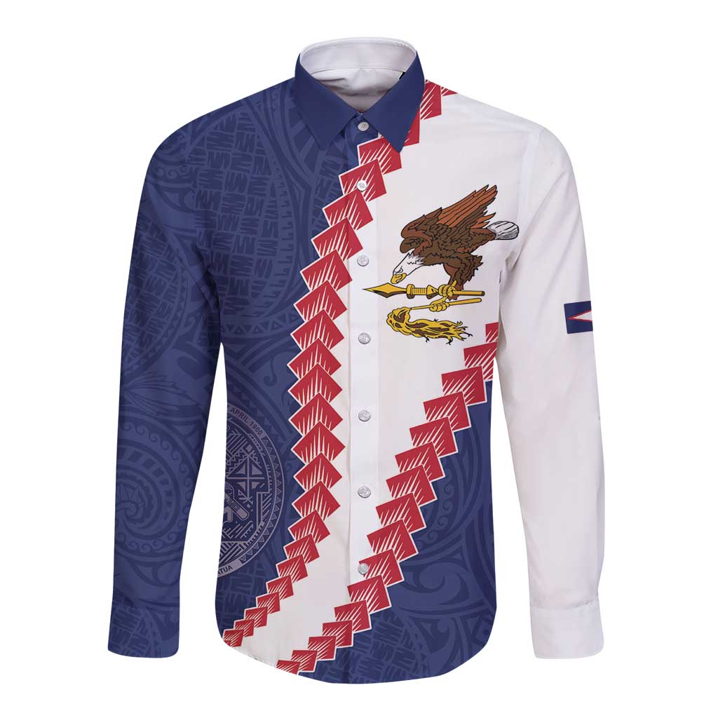 American Samoa Eagle Long Sleeve Button Shirt Polynesian Tribal Pattern Curve Style