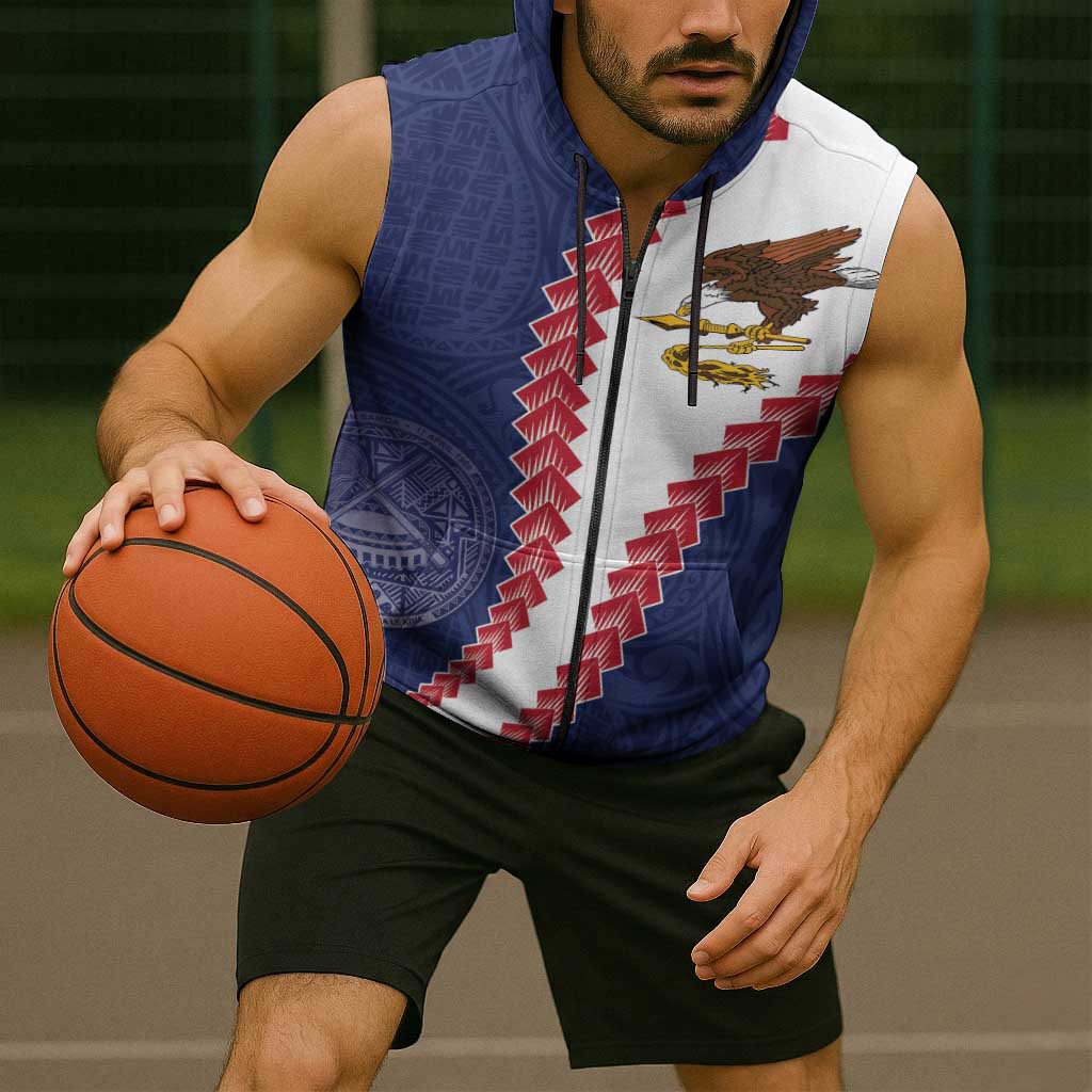 American Samoa Eagle Sleeveless Zip Hoodie Polynesian Tribal Pattern Curve Style