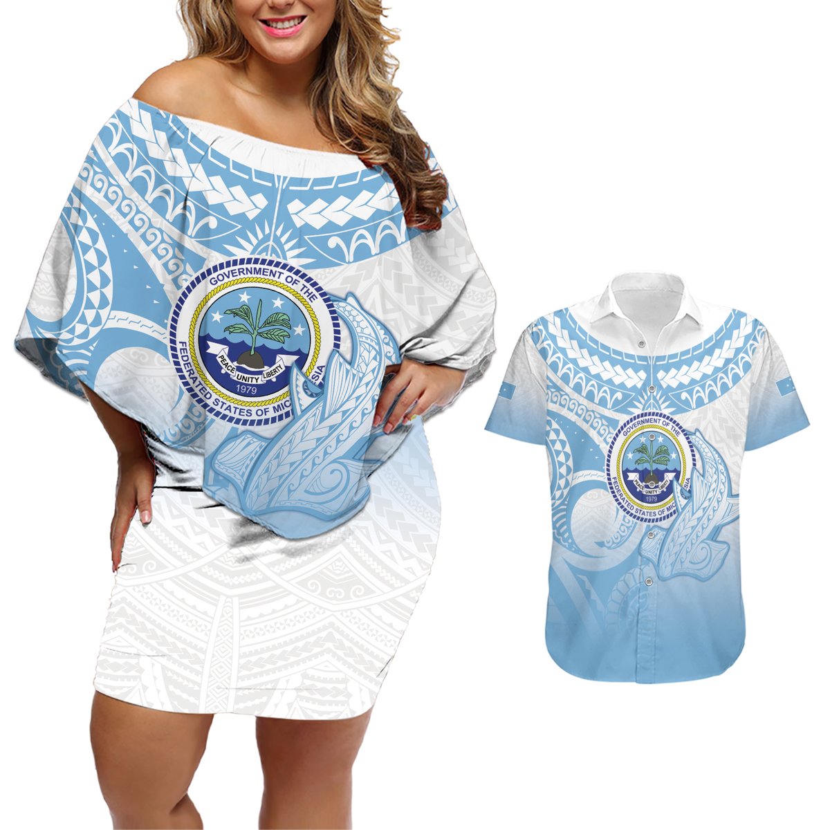 Micronesia Constitution Day Couples Matching Off Shoulder Short Dress and Hawaiian Shirt Polynesian Tribal Tattoo Simple Style