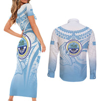 Micronesia Constitution Day Couples Matching Short Sleeve Bodycon Dress and Long Sleeve Button Shirt Polynesian Tribal Tattoo Simple Style