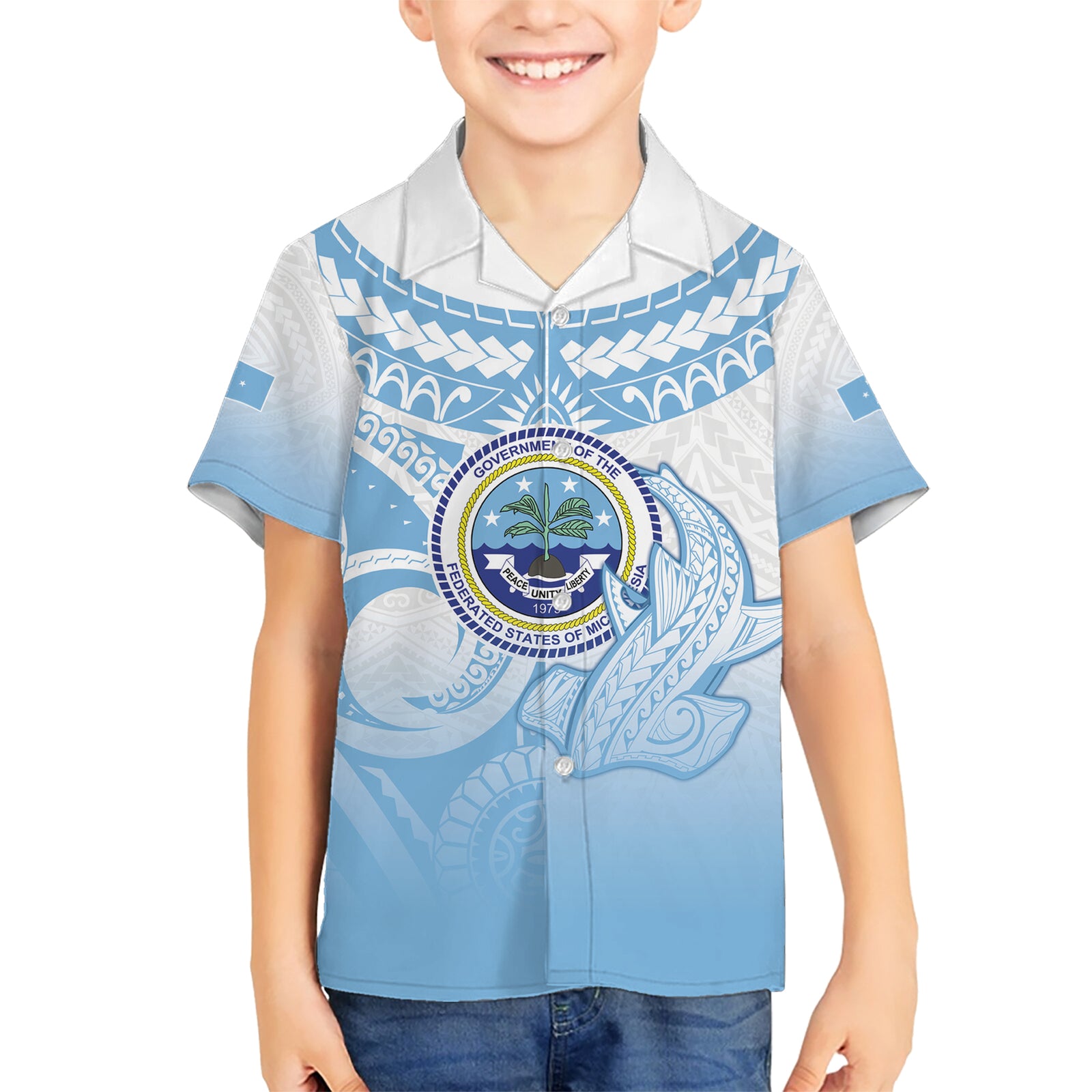 Micronesia Constitution Day Kid Hawaiian Shirt Polynesian Tribal Tattoo Simple Style LT05 Kid Blue - Polynesian Pride