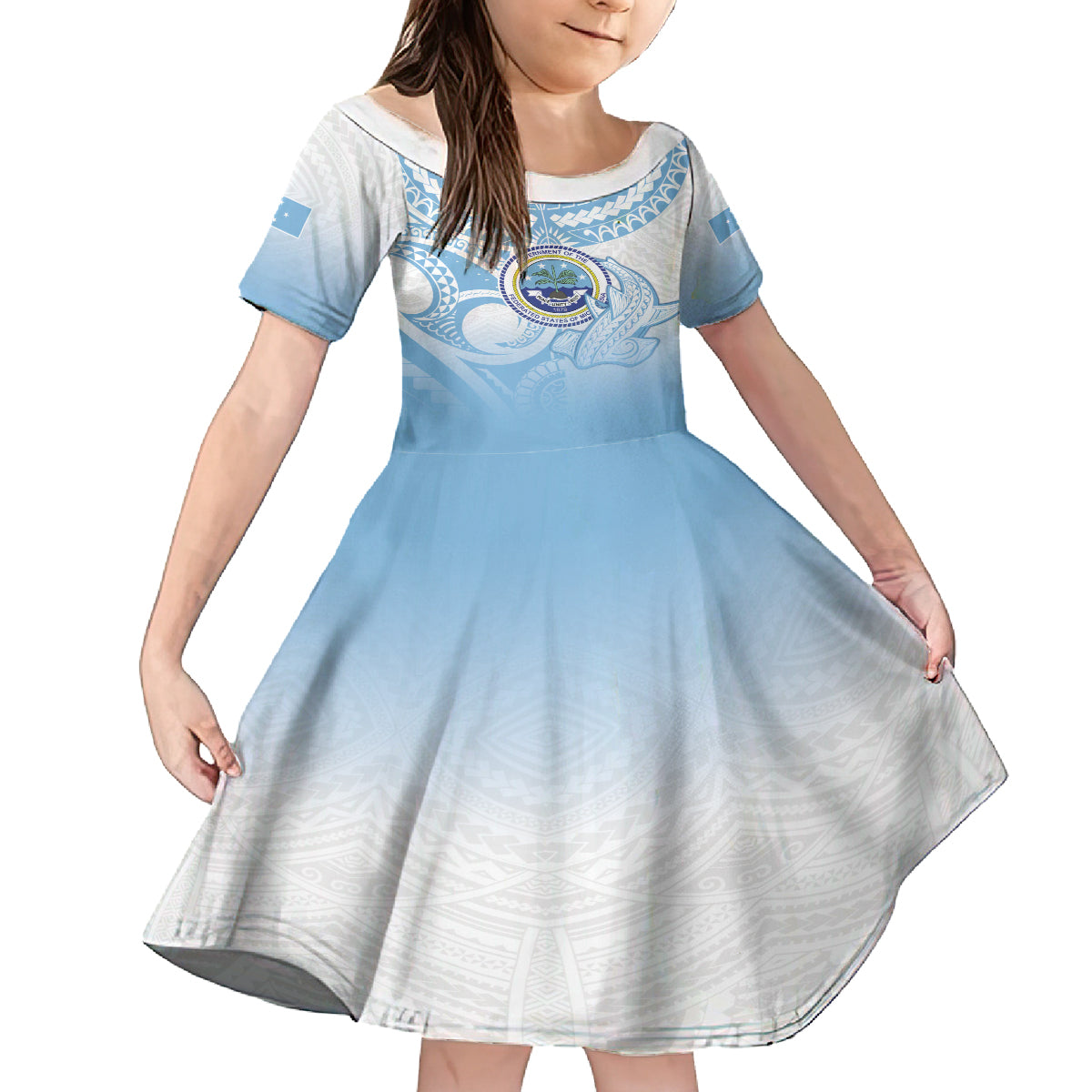 Micronesia Constitution Day Kid Short Sleeve Dress Polynesian Tribal Tattoo Simple Style LT05 KID Blue - Polynesian Pride