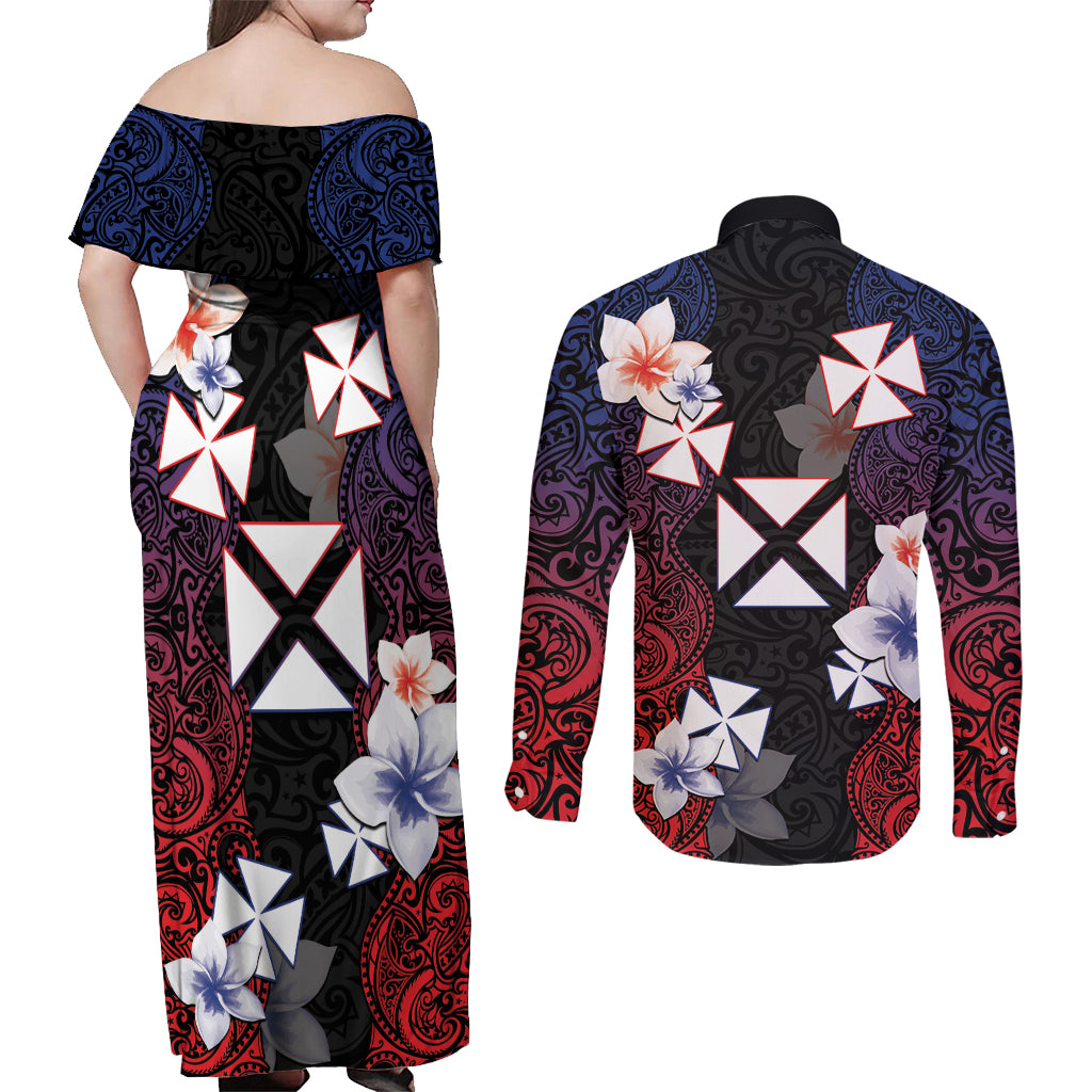 Wallis and Futuna Uvea Couples Matching Off Shoulder Maxi Dress and Long Sleeve Button Shirt Victory Day With Frangipani