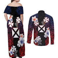 Wallis and Futuna Uvea Couples Matching Off Shoulder Maxi Dress and Long Sleeve Button Shirt Victory Day With Frangipani