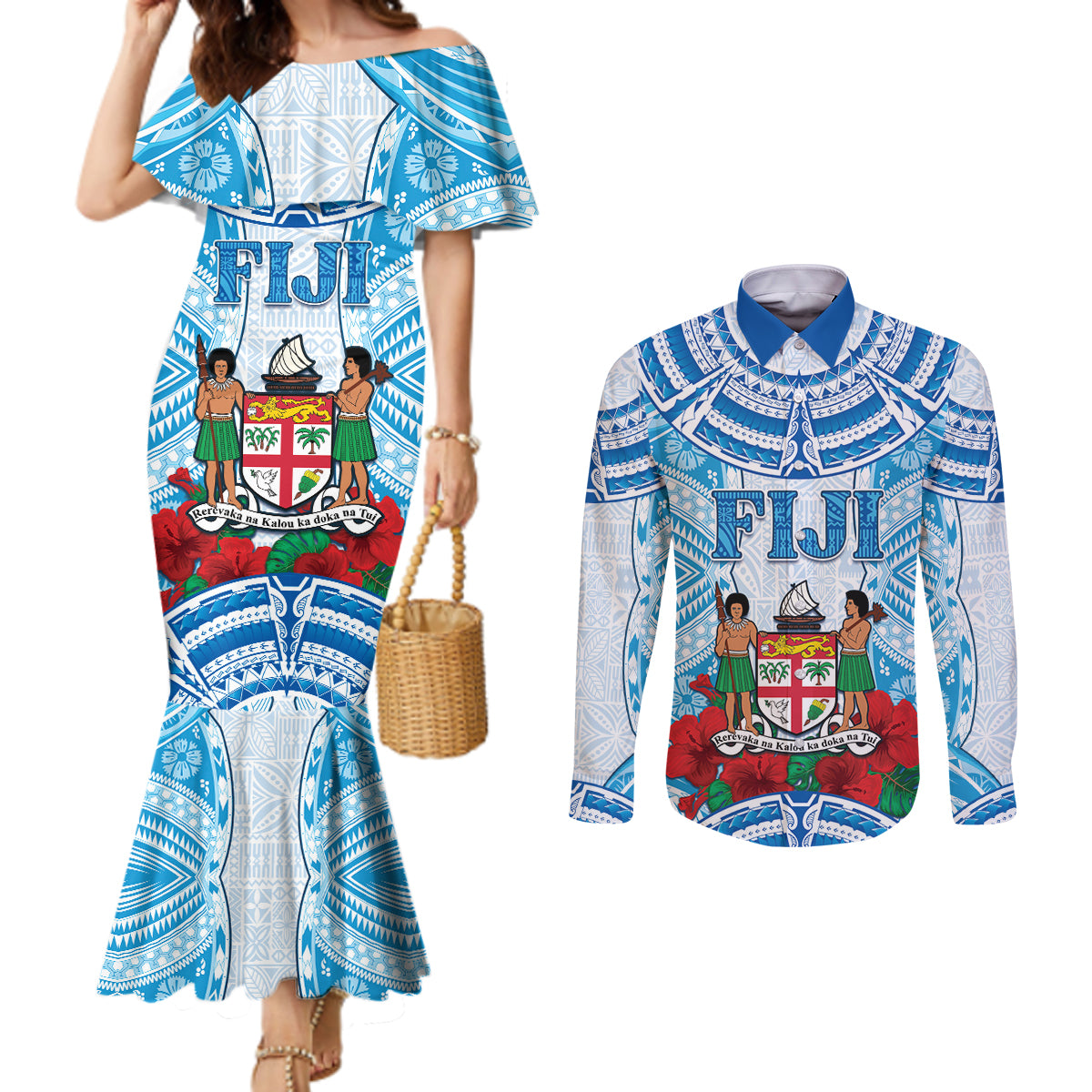 Personalised Fiji Ratu Sir Lala Sukuna Day Couples Matching Mermaid Dress and Long Sleeve Button Shirt Hibiscus Tapa Pattern