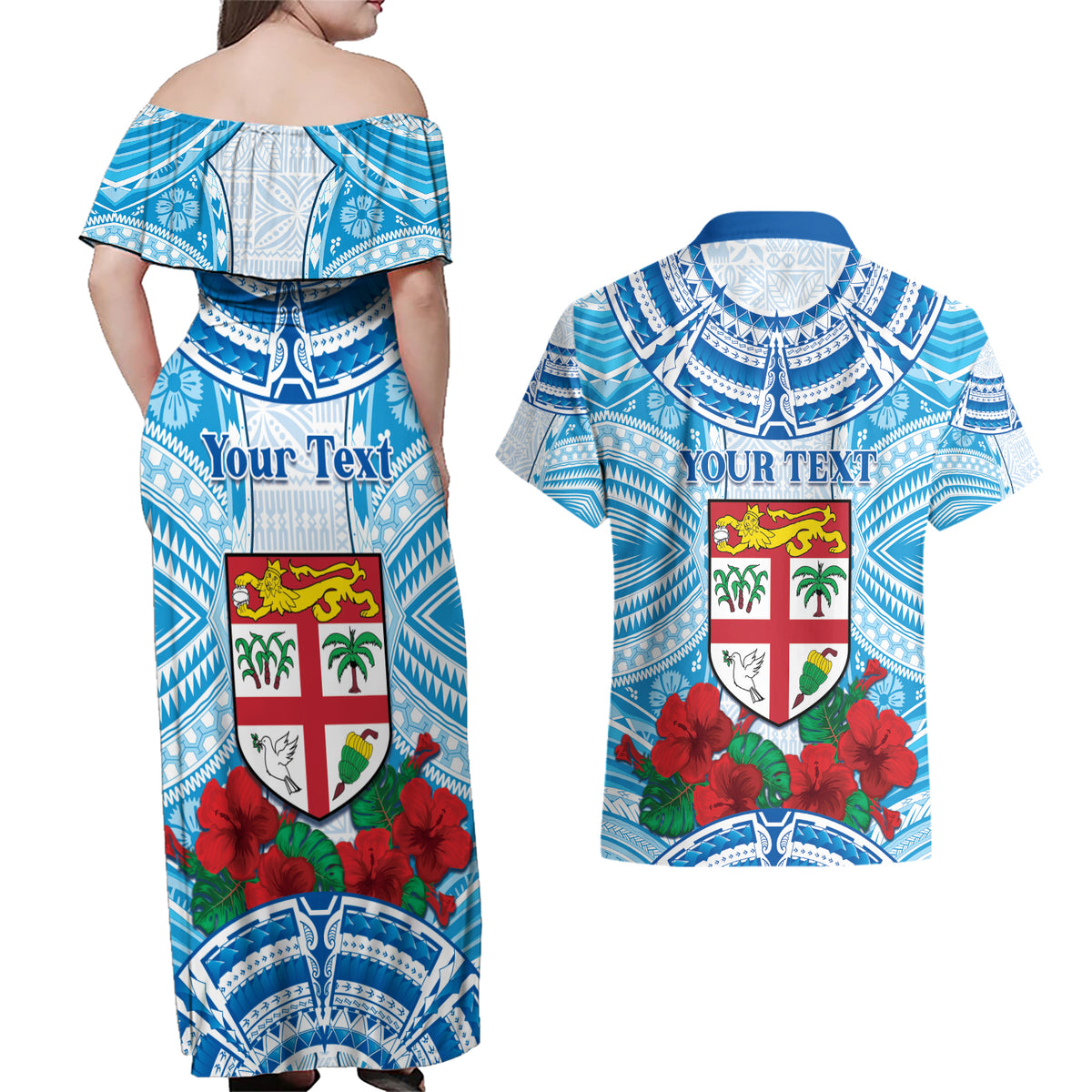 Personalised Fiji Ratu Sir Lala Sukuna Day Couples Matching Off Shoulder Maxi Dress and Hawaiian Shirt Hibiscus Tapa Pattern