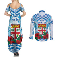 Personalised Fiji Ratu Sir Lala Sukuna Day Couples Matching Summer Maxi Dress and Long Sleeve Button Shirt Hibiscus Tapa Pattern