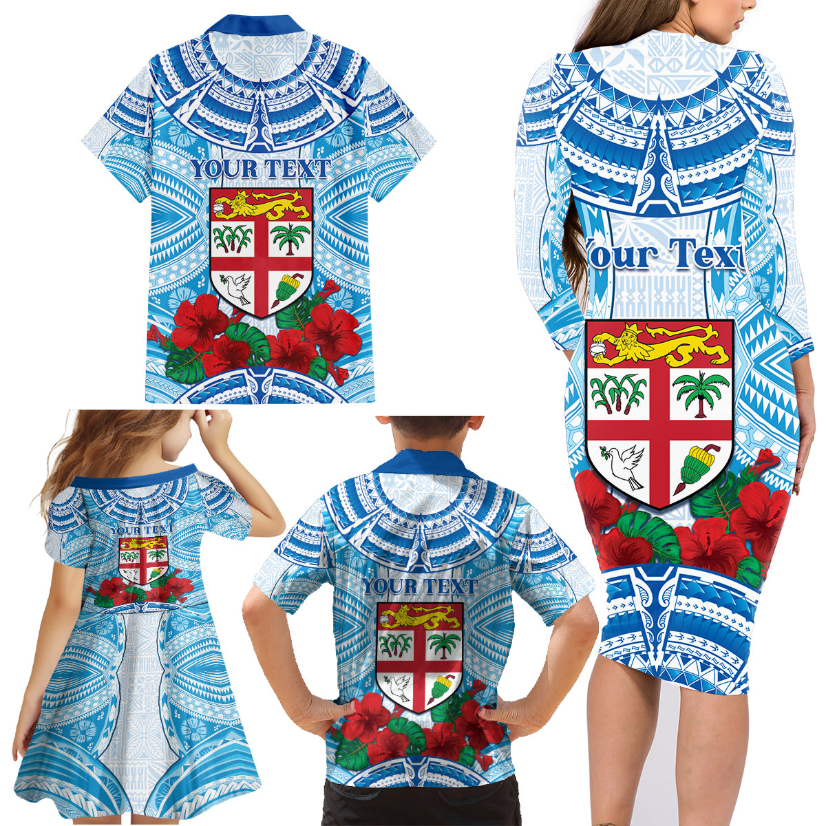 Personalised Fiji Ratu Sir Lala Sukuna Day Family Matching Long Sleeve Bodycon Dress and Hawaiian Shirt Hibiscus Tapa Pattern