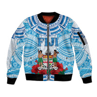 Personalised Fiji Ratu Sir Lala Sukuna Day Sleeve Zip Bomber Jacket Hibiscus Tapa Pattern