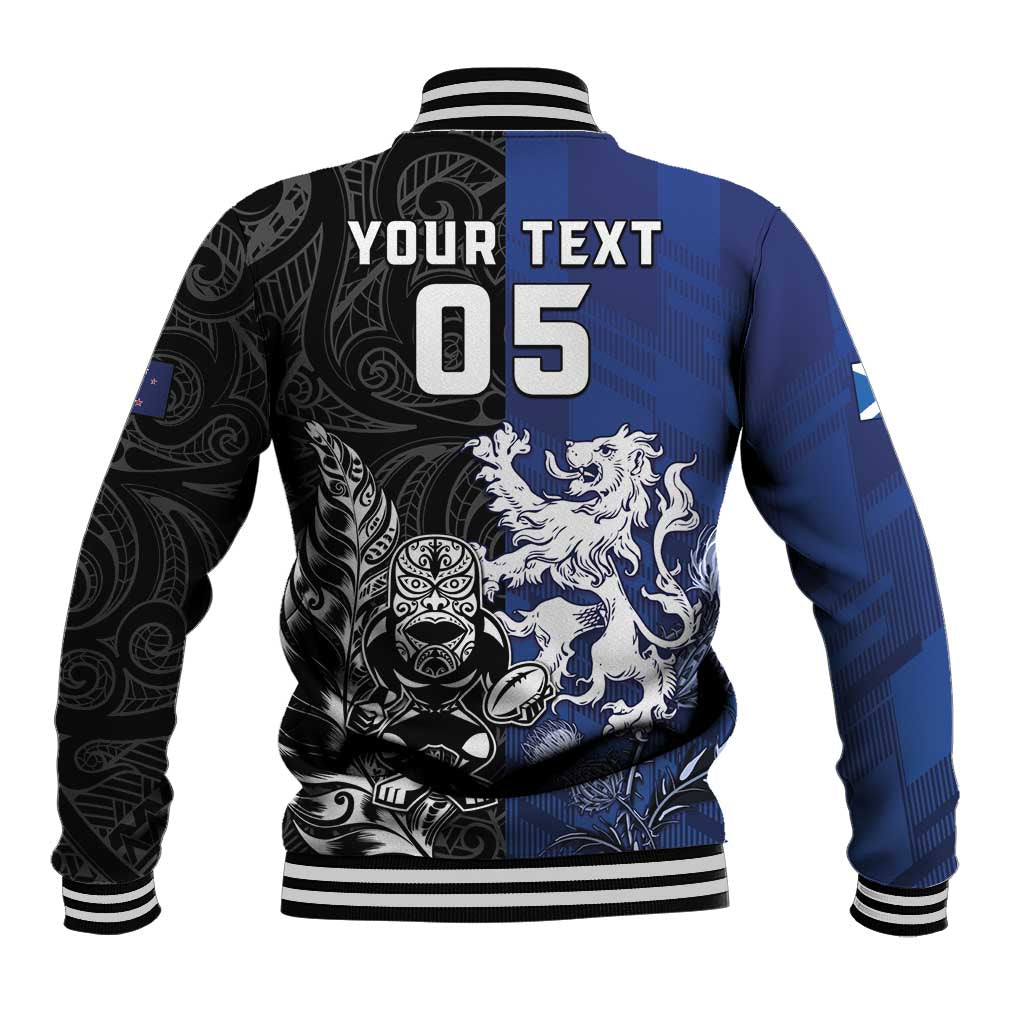 New Zealand And Scotland Rugby Custom Baseball Jacket Maori Tiki With Thistle Together