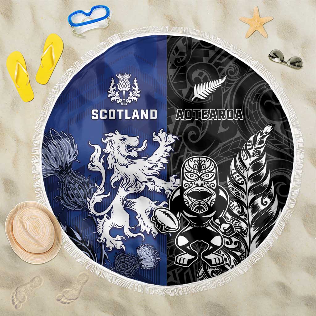 New Zealand And Scotland Rugby Beach Blanket Maori Tiki With Thistle Together