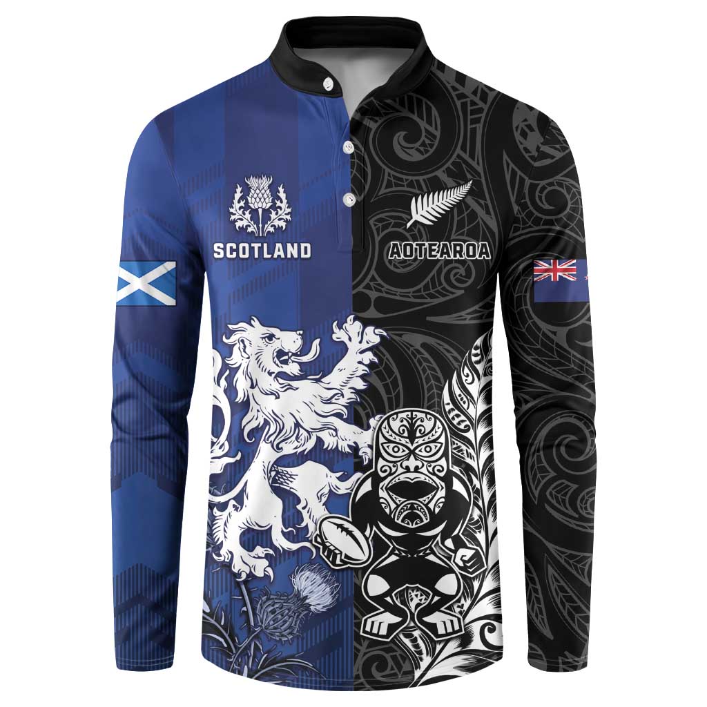 New Zealand And Scotland Rugby Custom Button Sweatshirt Maori Tiki With Thistle Together