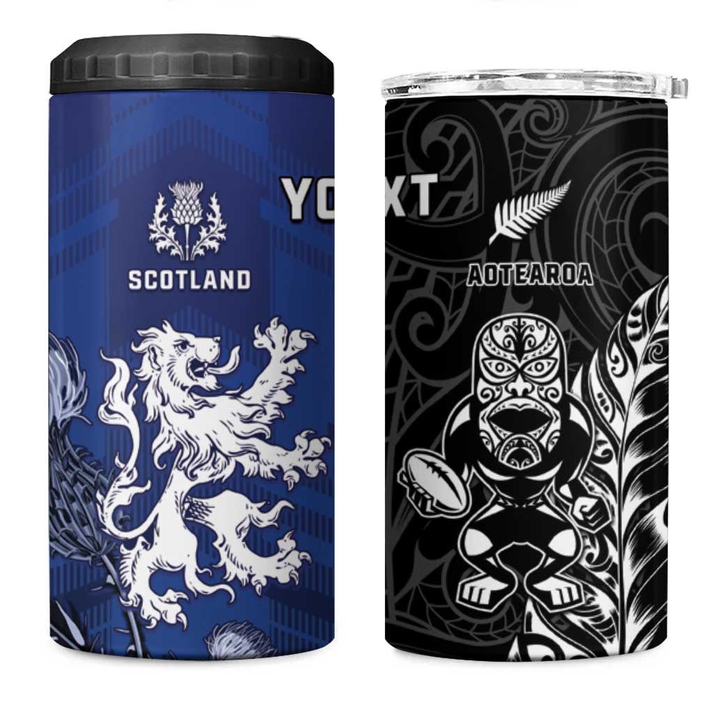 New Zealand And Scotland Rugby Custom 4 in 1 Can Cooler Tumbler Maori Tiki With Thistle Together