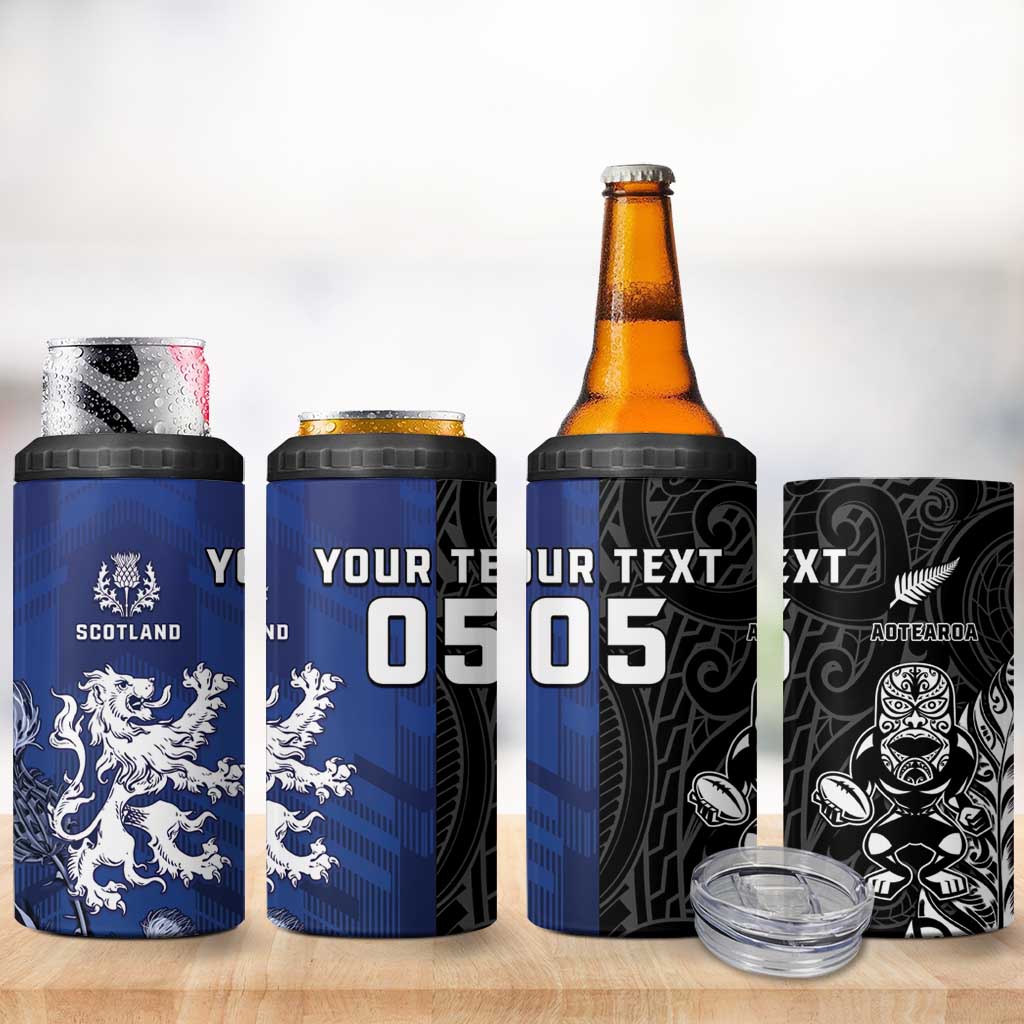 New Zealand And Scotland Rugby Custom 4 in 1 Can Cooler Tumbler Maori Tiki With Thistle Together