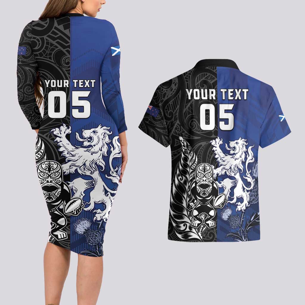 New Zealand And Scotland Rugby Custom Couples Matching Long Sleeve Bodycon Dress and Hawaiian Shirt Maori Tiki With Thistle Together