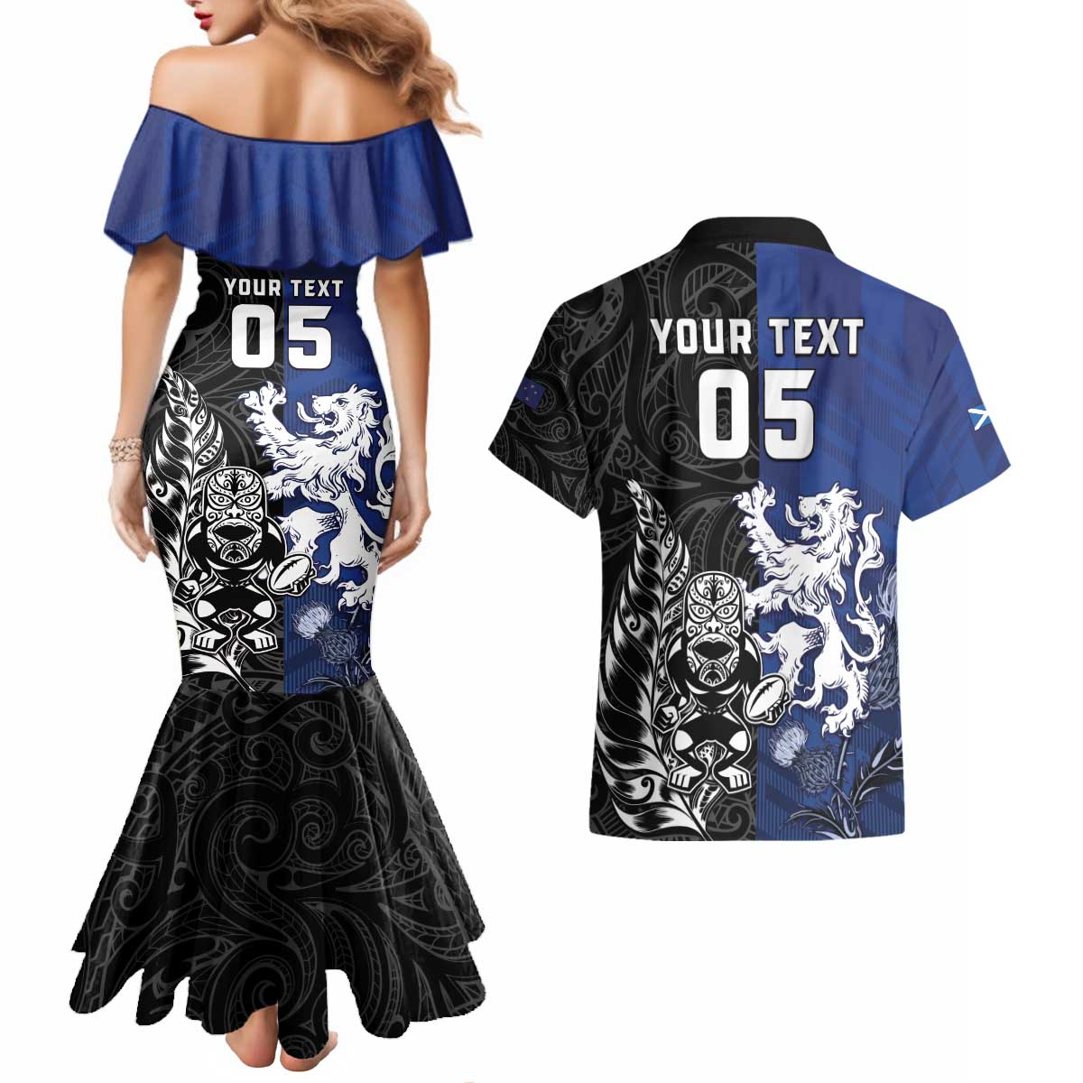 New Zealand And Scotland Rugby Custom Couples Matching Mermaid Dress and Hawaiian Shirt Maori Tiki With Thistle Together