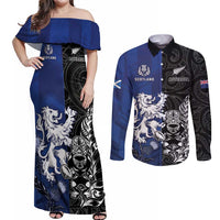 New Zealand And Scotland Rugby Custom Couples Matching Off Shoulder Maxi Dress and Long Sleeve Button Shirt Maori Tiki With Thistle Together