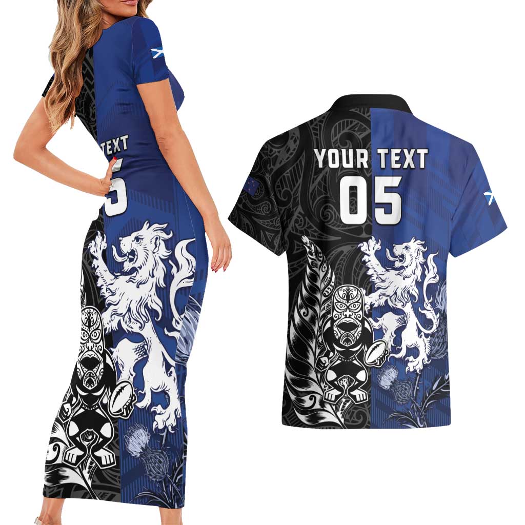 New Zealand And Scotland Rugby Custom Couples Matching Short Sleeve Bodycon Dress and Hawaiian Shirt Maori Tiki With Thistle Together