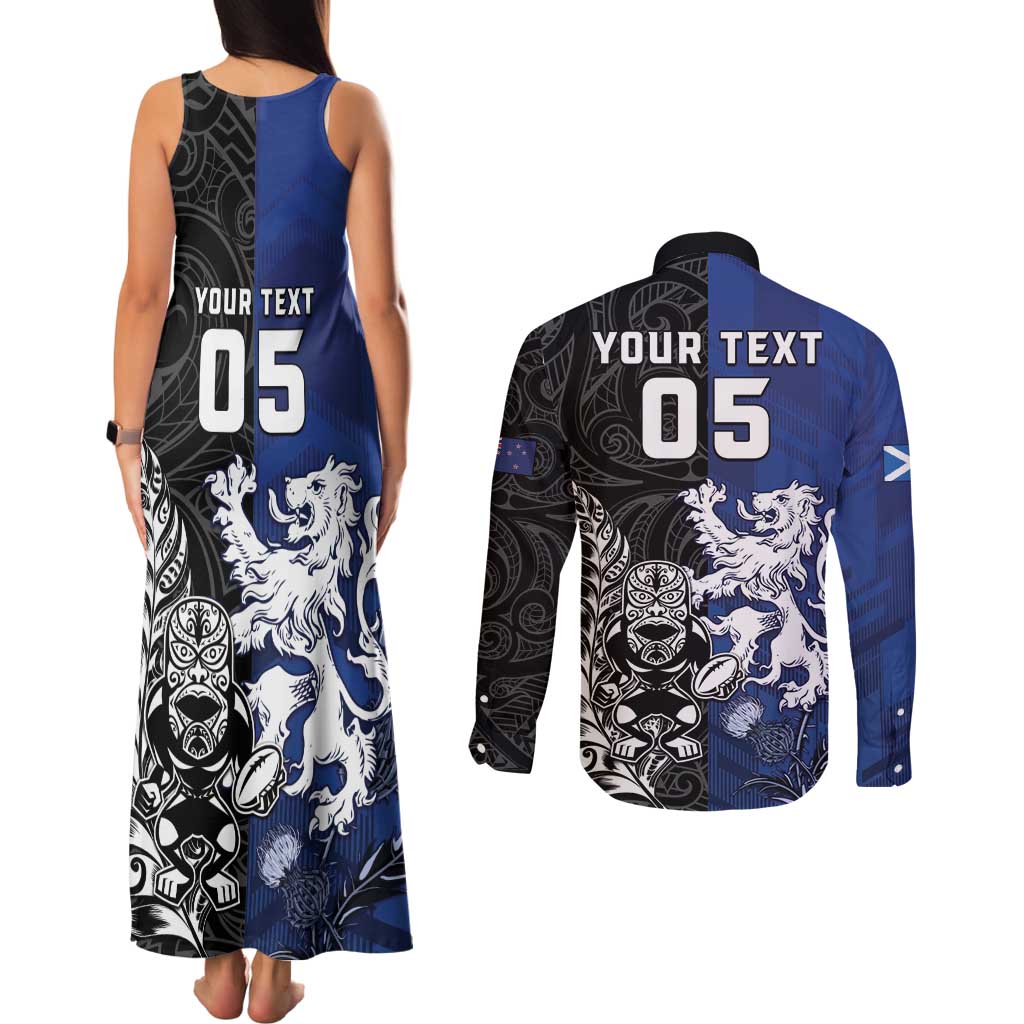 New Zealand And Scotland Rugby Custom Couples Matching Tank Maxi Dress and Long Sleeve Button Shirt Maori Tiki With Thistle Together