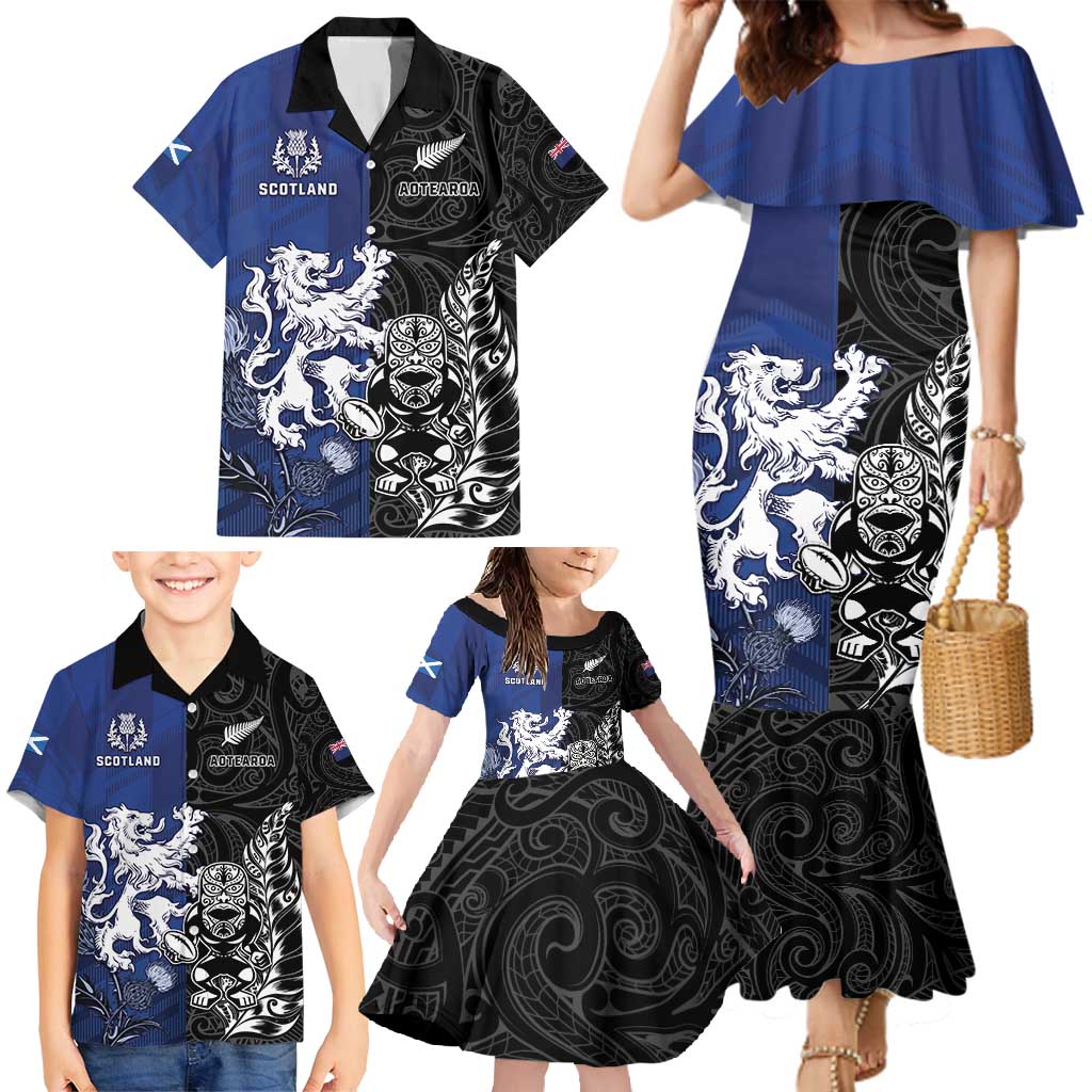 New Zealand And Scotland Rugby Custom Family Matching Mermaid Dress and Hawaiian Shirt Maori Tiki With Thistle Together