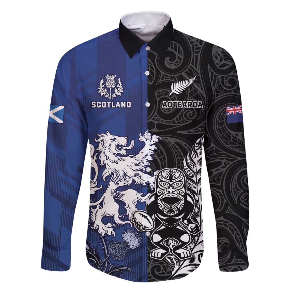New Zealand And Scotland Rugby Custom Family Matching Mermaid Dress and Hawaiian Shirt Maori Tiki With Thistle Together
