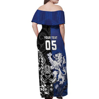 New Zealand And Scotland Rugby Custom Family Matching Off Shoulder Maxi Dress and Hawaiian Shirt Maori Tiki With Thistle Together