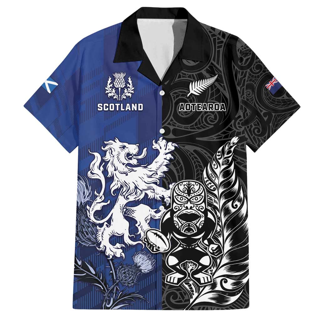 New Zealand And Scotland Rugby Custom Family Matching Off Shoulder Short Dress and Hawaiian Shirt Maori Tiki With Thistle Together