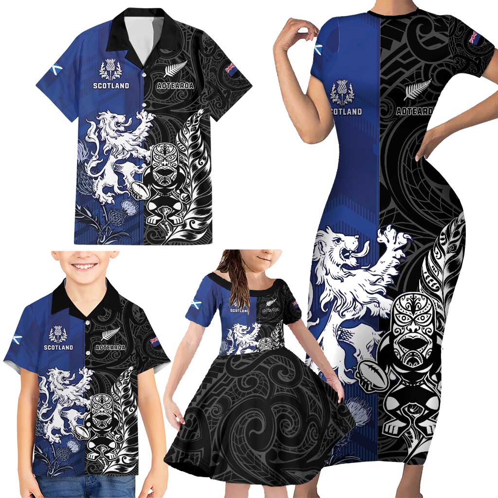 New Zealand And Scotland Rugby Custom Family Matching Short Sleeve Bodycon Dress and Hawaiian Shirt Maori Tiki With Thistle Together