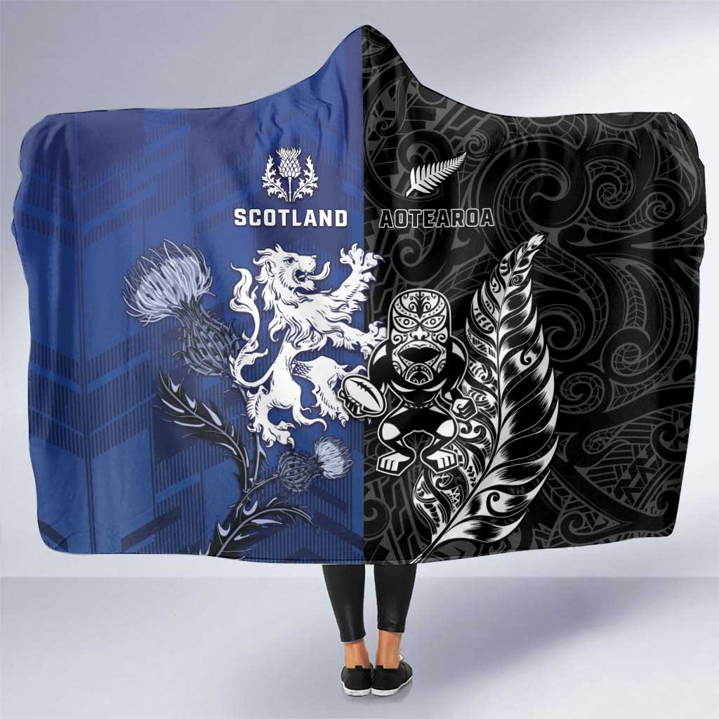 New Zealand And Scotland Rugby Hooded Blanket Maori Tiki With Thistle Together