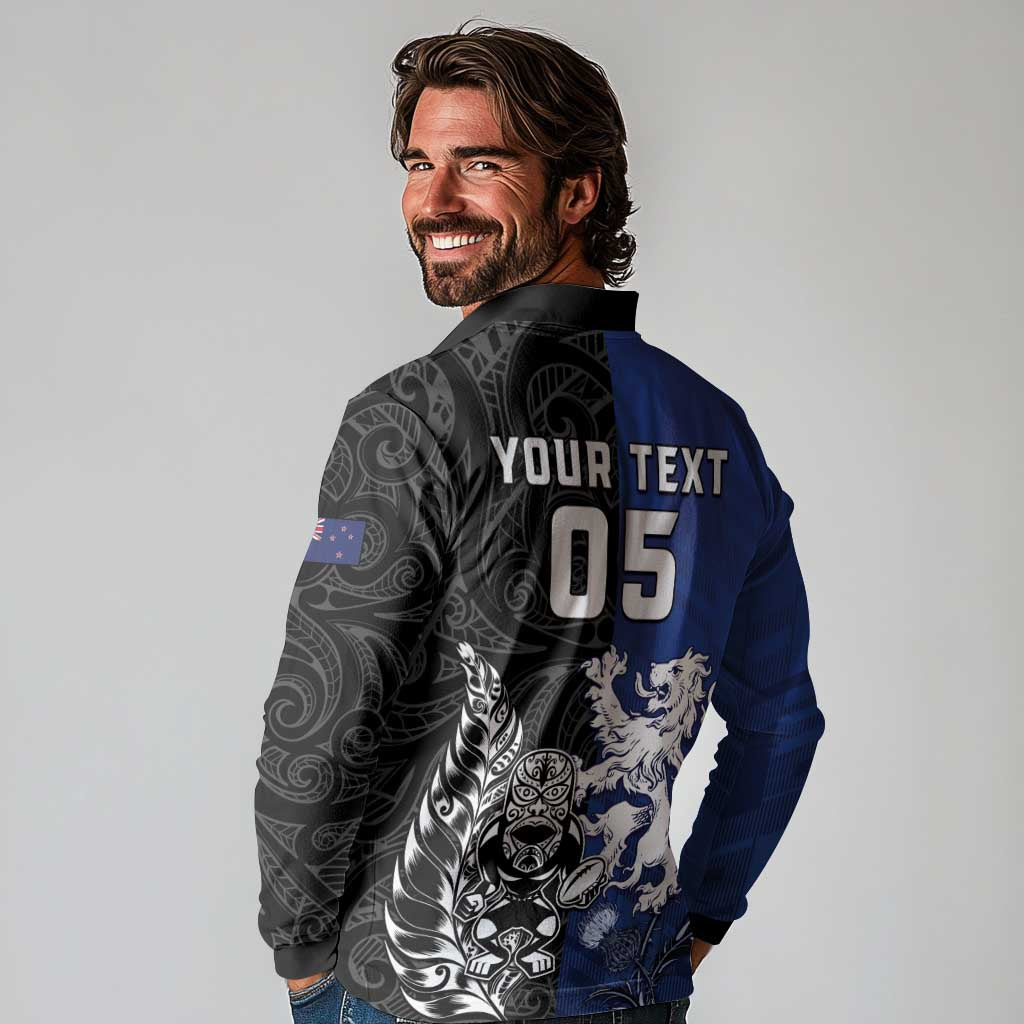 New Zealand And Scotland Rugby Custom Long Sleeve Polo Shirt Maori Tiki With Thistle Together