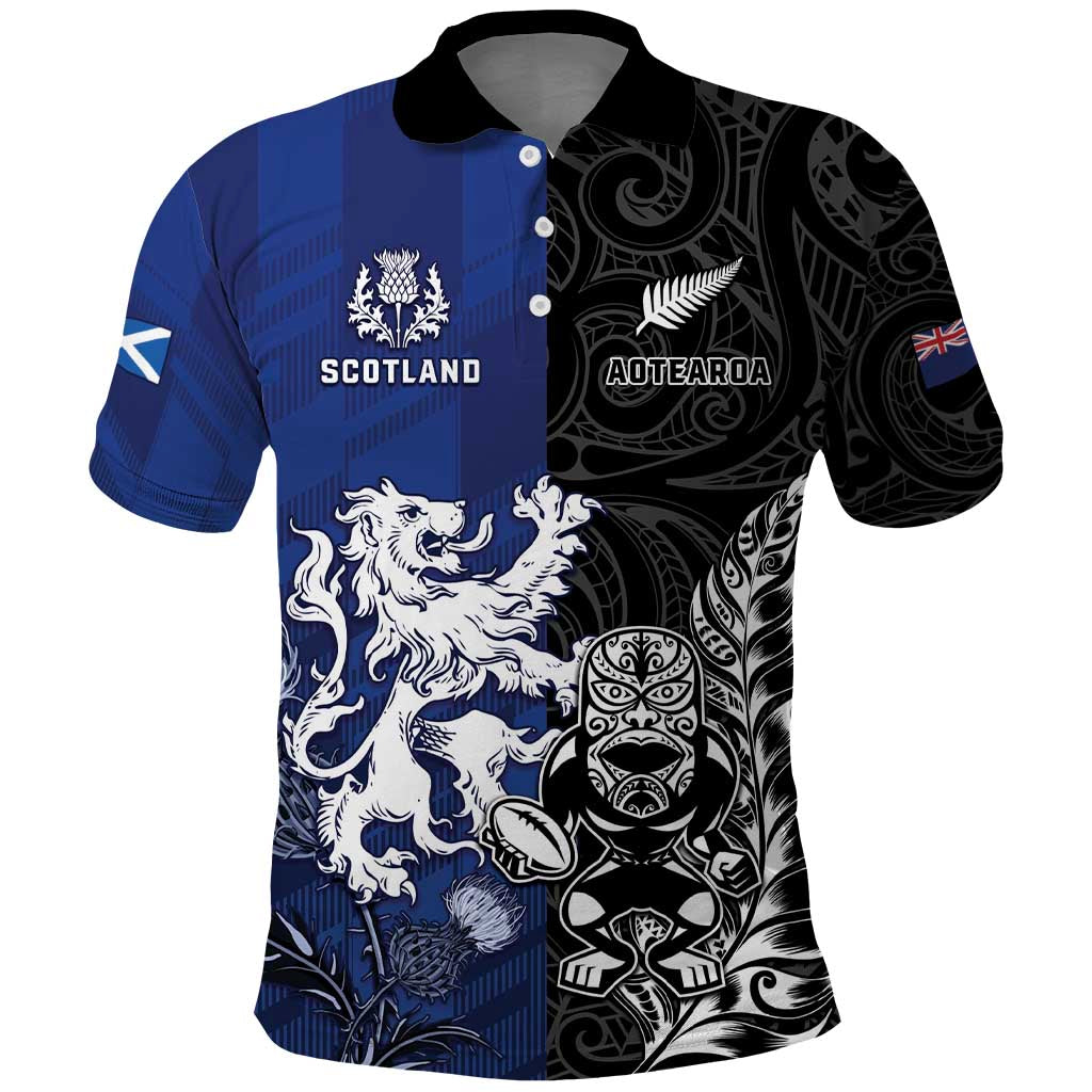 New Zealand And Scotland Rugby Custom Polo Shirt Maori Tiki With Thistle Together