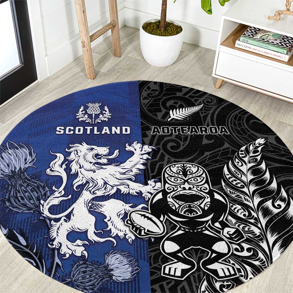 New Zealand And Scotland Rugby Round Carpet Maori Tiki With Thistle Together