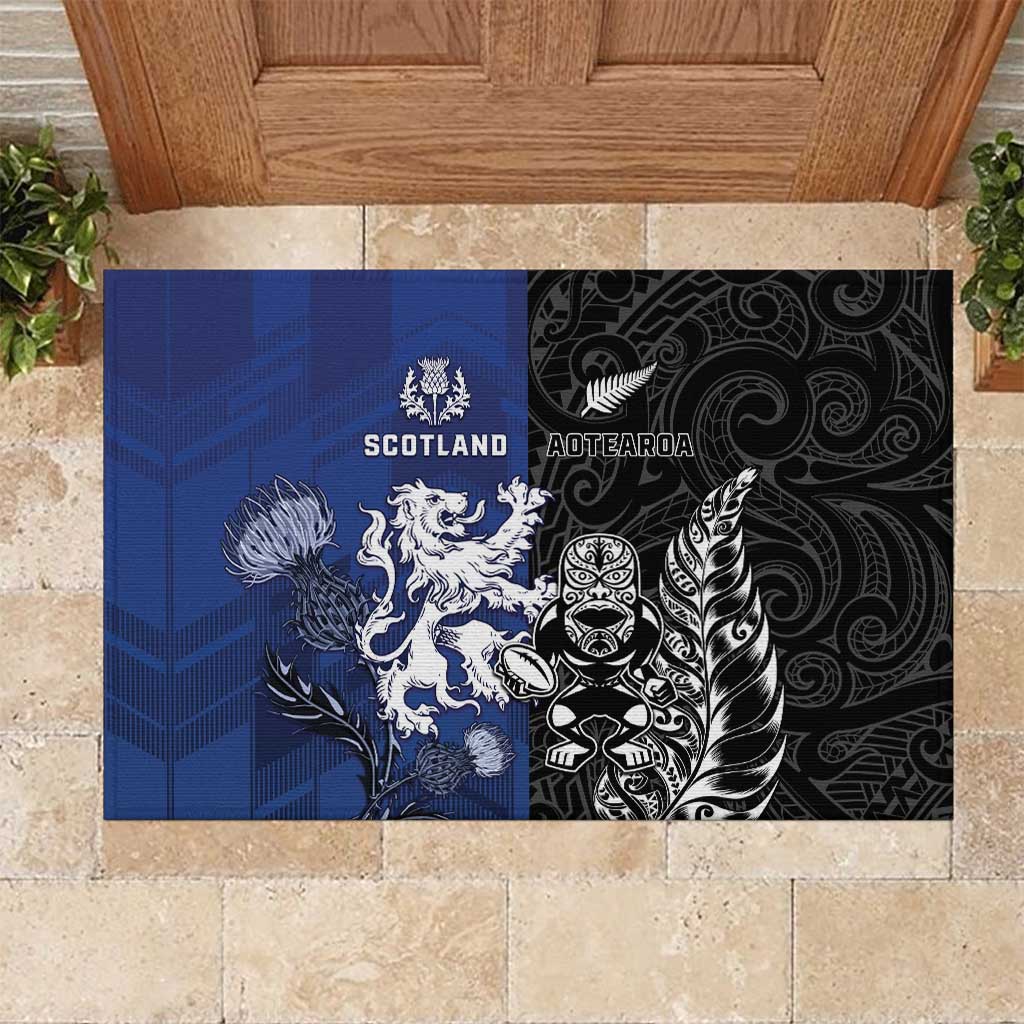 New Zealand And Scotland Rugby Rubber Doormat Maori Tiki With Thistle Together