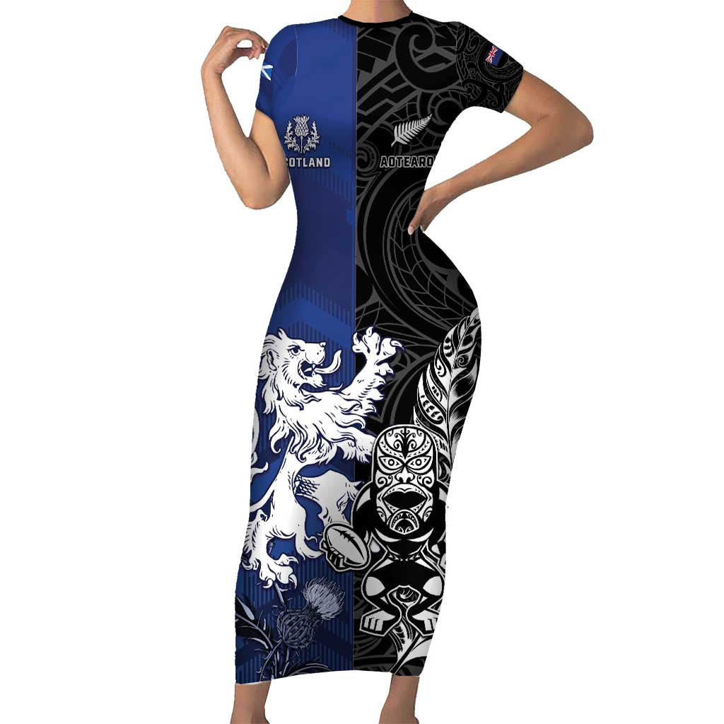 New Zealand And Scotland Rugby Custom Short Sleeve Bodycon Dress Maori Tiki With Thistle Together