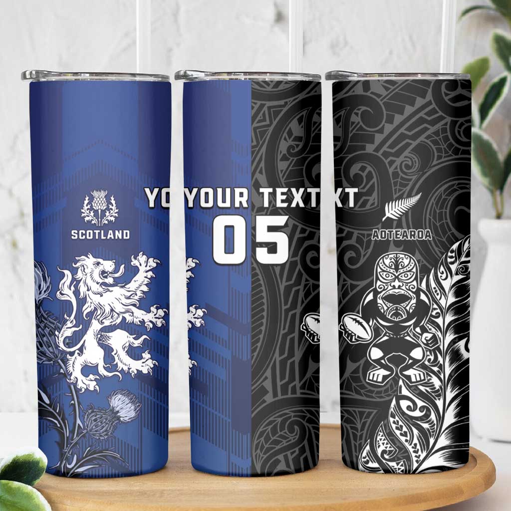 New Zealand And Scotland Rugby Custom Skinny Tumbler Maori Tiki With Thistle Together