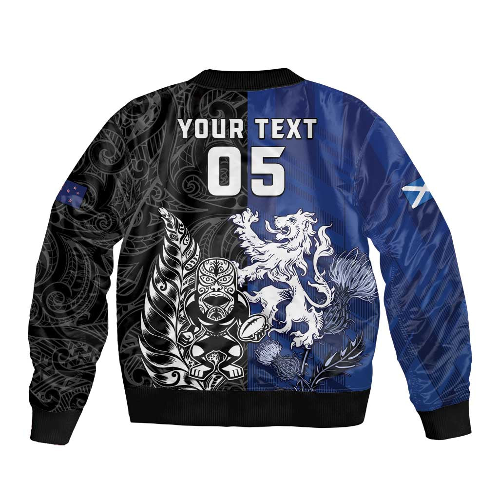 New Zealand And Scotland Rugby Custom Sleeve Zip Bomber Jacket Maori Tiki With Thistle Together